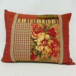 Vtg Throw Pillow Red Floral Plaid Patchwork Tapestry French Provincial Cottage